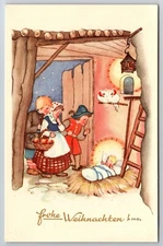 Merry Christmas Thiel Postcard Unposted Barn Chickens Baby Frohe Weihnnachten