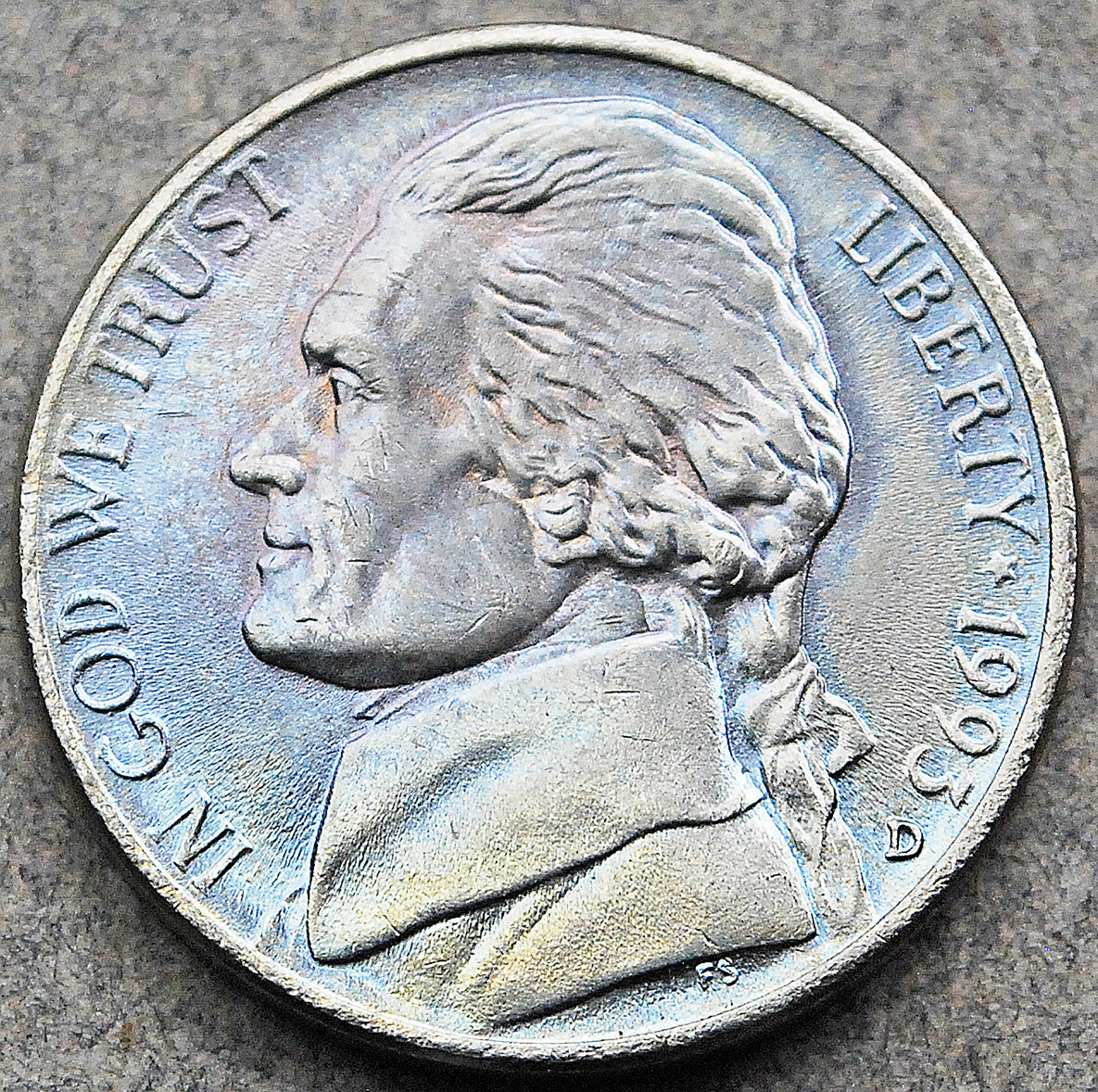 1993 D Jefferson Nickel Five 5 Cent Coin FS - Not Cleaned - 5.00 g