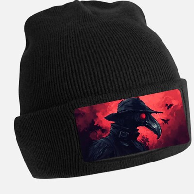 Black Cool Plague Doctor Print Beanie Hat - Unisex Cap, Cotton