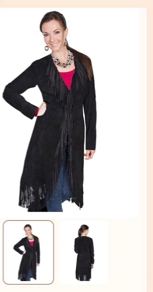 Maxi abrigo Scully Leatherwear para mujer de gamuza jabalí con flecos modelo L19 se ajusta como med.