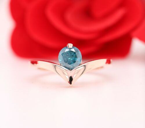 Unique Blue Color Round Brilliant Cut Diamond 14K Rose Gold Ring - Picture 1 of 12