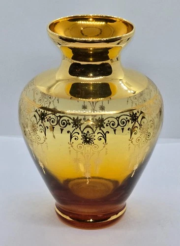 Pre-owned Hand Blown Vecchia Murano Amber Glass Vase 24K Gold inlay-5" tall
