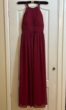 Burgundy Red Chiffon Halter Maxi Dress Ruched Bridesmaid Prom School Graduation