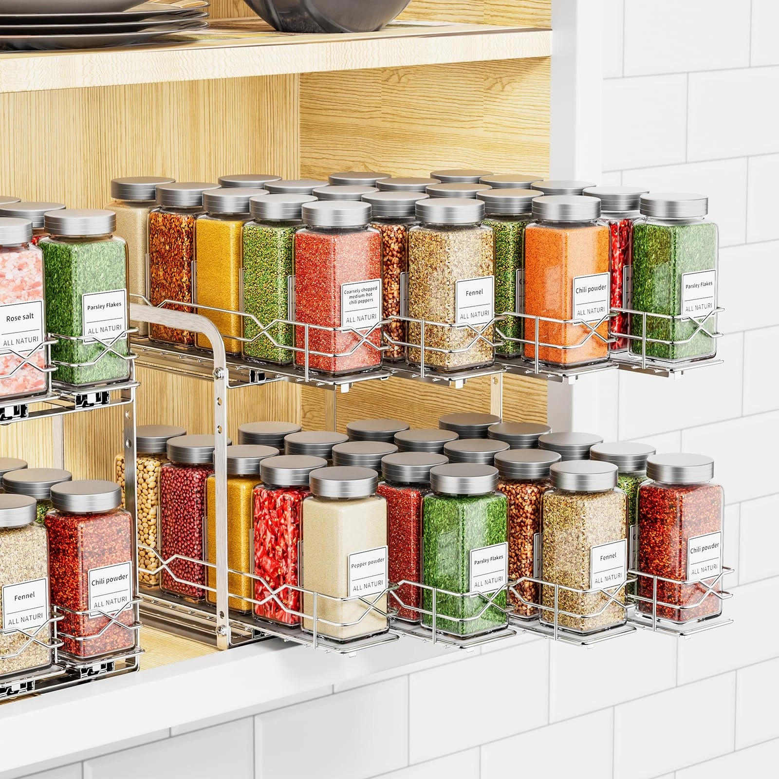 Pull Out Spice Rack Organizer for Cabinet, 2 Tier Individual Slide Drawer, Ch...