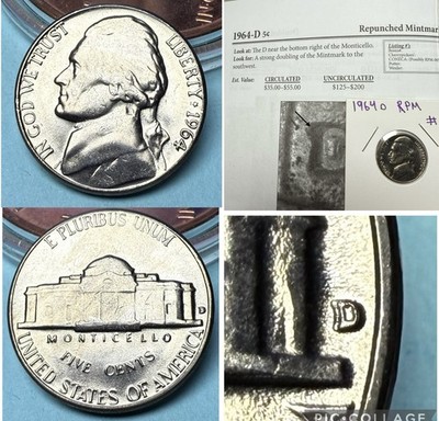 1964 D Jefferson Nickel RPM 005 Repunched Mintmark Error UNC