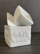 White Ceramic Butter Bell Square Embossed Farmhouse Country Butter Keeper 4x4