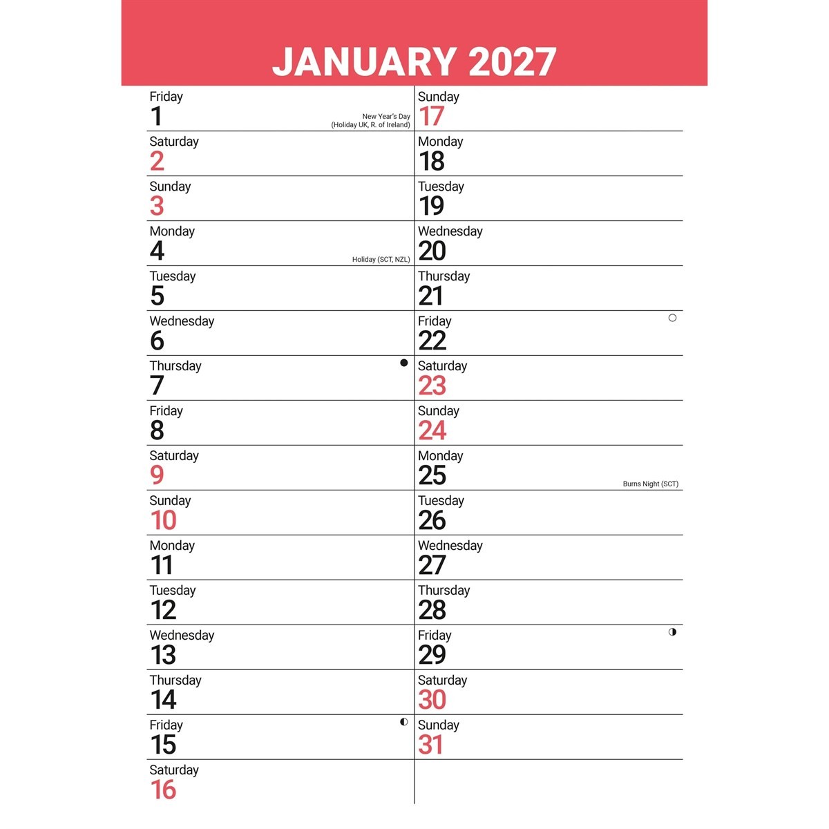 Red & Black Basic A3 Calendar 2027, Wall Calendars, Month To View, Basics, Gift
