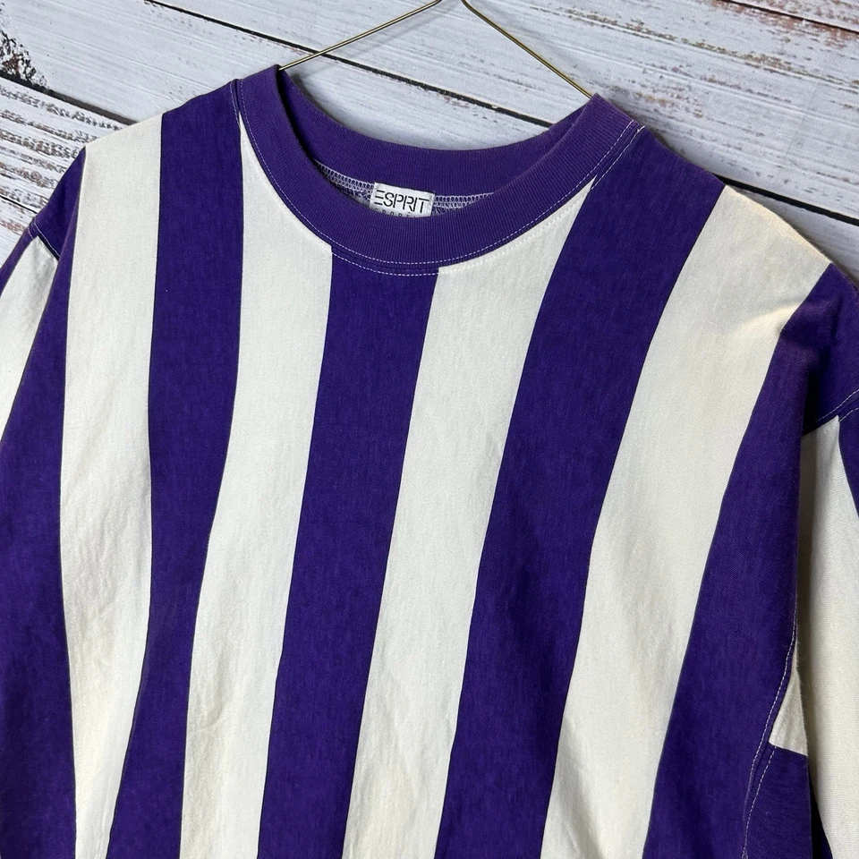 Camiseta retro vintage años 90 ESPRIT a rayas púrpura blanco calce cuadrado para hombre mediana Foto 2 de 4