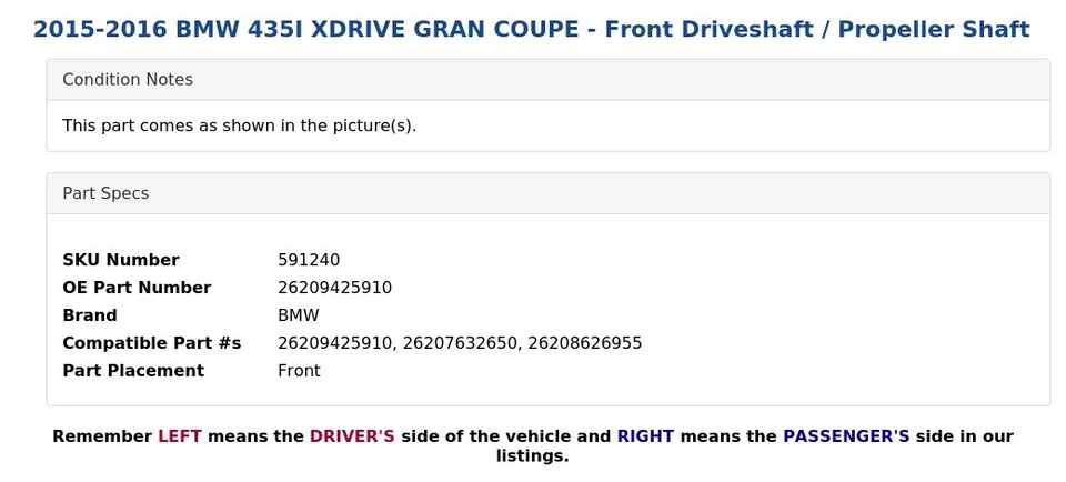 2015-2016 BMW 435I XDRIVE GRAN COUPE - Front Driveshaft / Propeller Shaft - Image 4 of 4