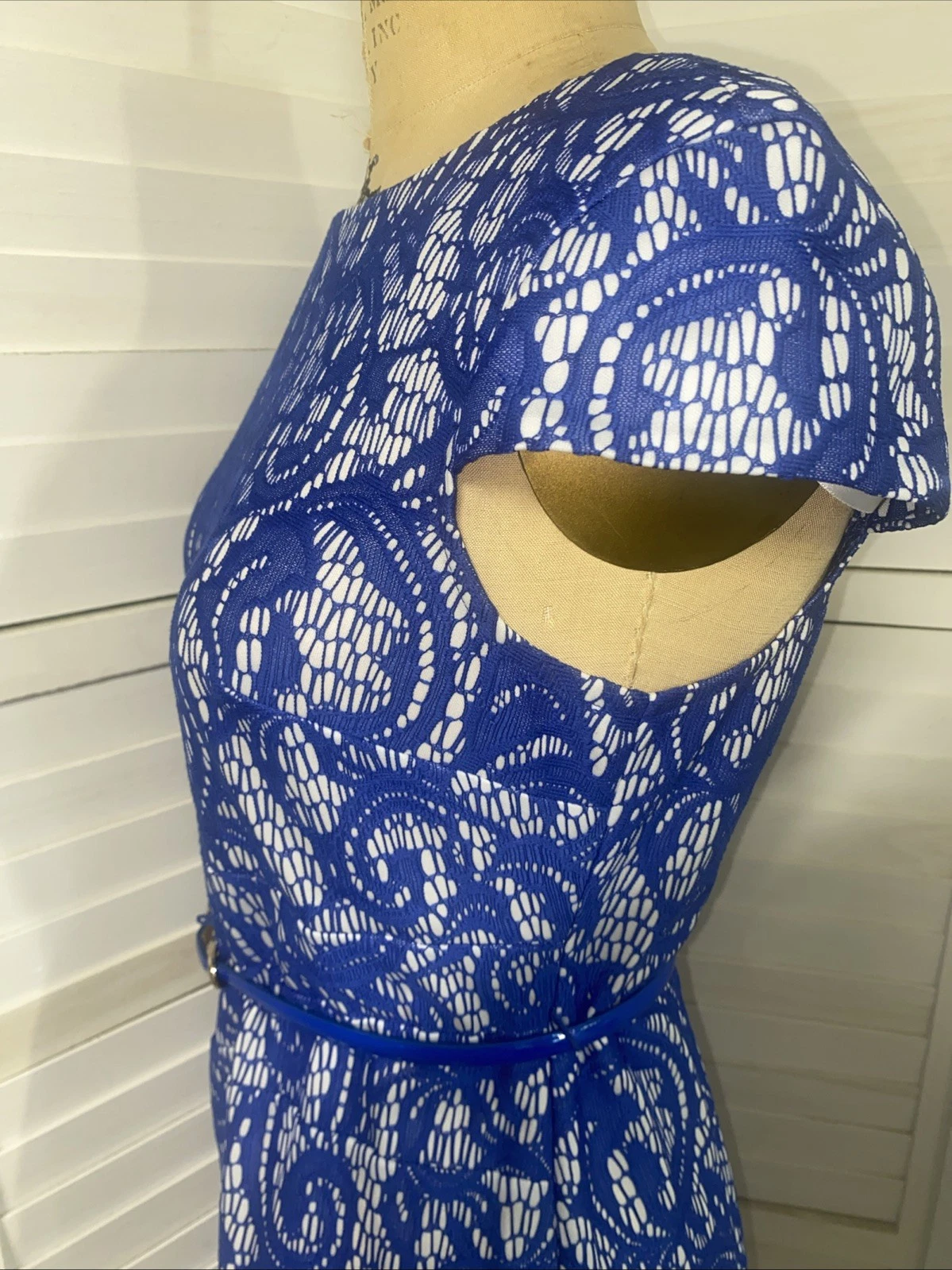 ALYX Vestito Donna S S Blu Pizzo Over Bianco Vestibilità N Svasato Linea A Vestito Cintura Tg 8