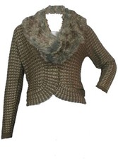 Jacquard Women's Cardigan With Fur Collar In Antique Bronze By Tribal - Xl