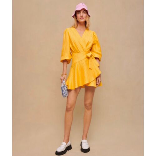 Maje Yellow Linen Blend Puff Sleeve Wrap Mini Dress NWT - Picture 1 of 18