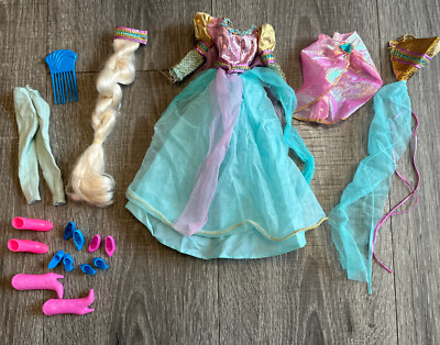 Barbie Rapunzel vintage Pink Aqua Gold dress & Hair Clip Shoes & Accessories  | eBay