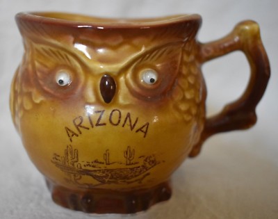 Owl shaped Cup Arizona Road Runner Souvenir  Google eyes Japan Marked