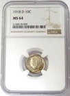 1918 D SILVER UNITED STATES MERCURY DIME NGC MINT STATE 64