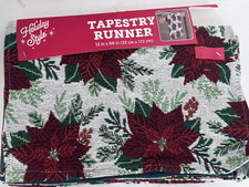 Tapestry Style Red Poinsettia Flower Christmas Table Runner 13" by 68" NEW