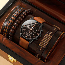 Watch Gift Set Men Gents Leather Strap Brown Black Gold + 3 Bracelets Watches UK