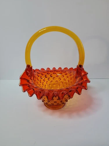 Vintage Fenton Amberina Hobnail Art Glass Basket Crimped Pie Crust Edge