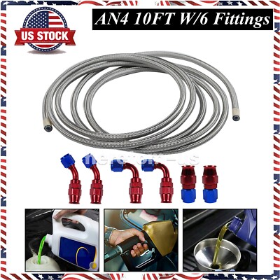 Fuel Line Hose 4AN 1/4'' PTFE E85 10FT Fitting Kit Stainless Steel Braided Silver