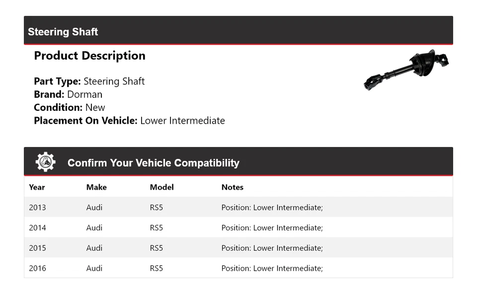Eje de dirección intermedio inferior para Audi RS5 Dorman 2013-2016 2014 2015 Foto 2 de 4