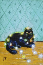 A6 A5 Set Prints Black Santa Cat In Lights Christmas Painting
