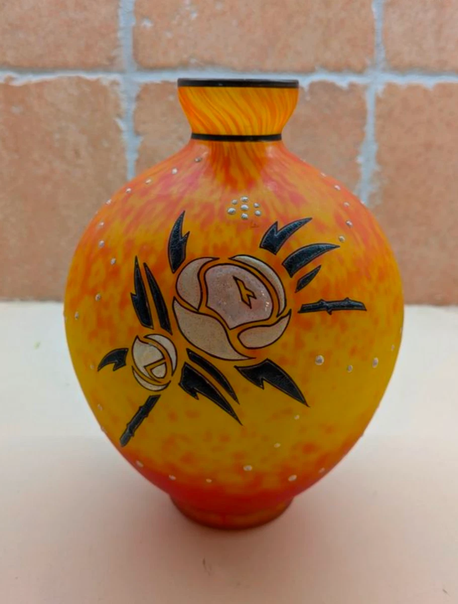 Ancien Vase En Verre Moucheté Jaune Et Orange - Style Art Déco - Objet Déco Vintage