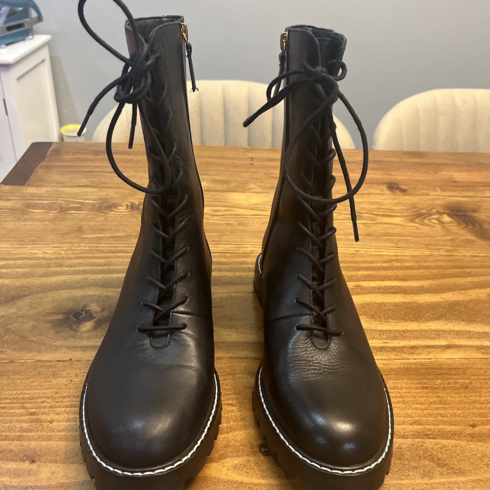 SAOLA J. Stivali alti Crew Gwen suola a strappo in pelle stringati zip tacco donna schiena taglia 8