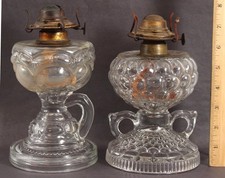 2 Antique Victorian EAPG Peanut Hobnail Glass Handled Kerosene Oil Lamps, NR