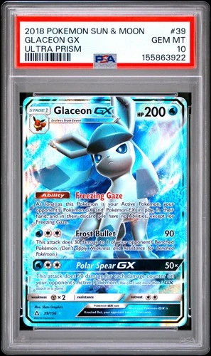 2018 POKEMON SUN & MOON ULTRA PRISM #39 GLACEON GX PSA 10