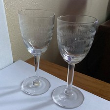 Antique Edwardian Etched Glass: 2 sherry port Glasses Set with Greek Key Pattern