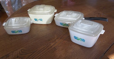 4 Vtg Andy Hard Corp White Blue Flowers Plastic Covered Baking Dishes Toy Play
