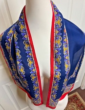 Vtg Oscar de la Renta Oblong Silk Scarf 47"x 10  Hand Rolled Navy Scarlet Purple