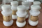 Vintage Hazel Atlas Set Of 6 Milk Glass Spice Jars, Rose Design Original Labels
