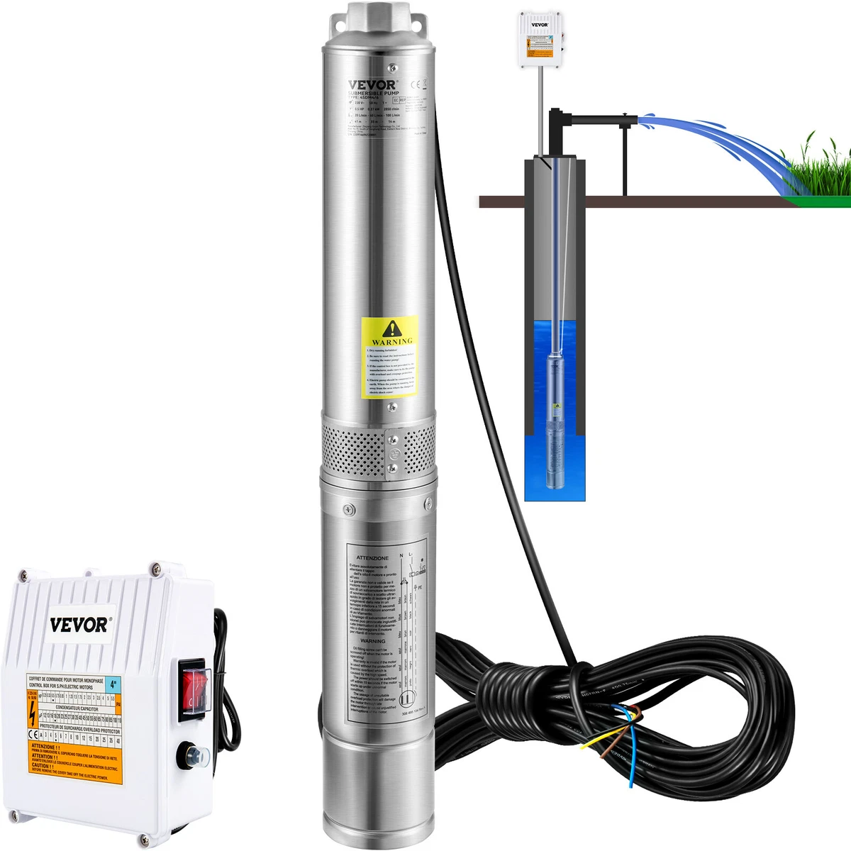 VEVOR 2HP 4 Deep Well Pump 427ft Submersible Pump 37GPM w Control