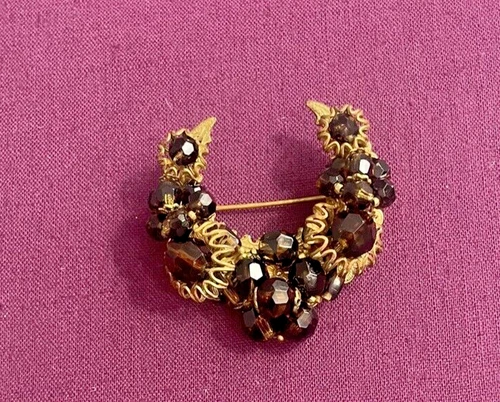 Rare Vintage Signed Miriam Haskel Cresent Shaped Brooch Gold Tone w/Brown Stones
