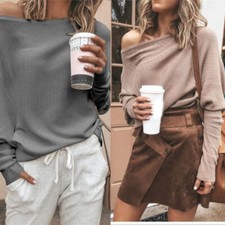 Sleeve One Sweater Knit Blouse Shoulder Pullovers Jumper Womens Tops Long Ladies
