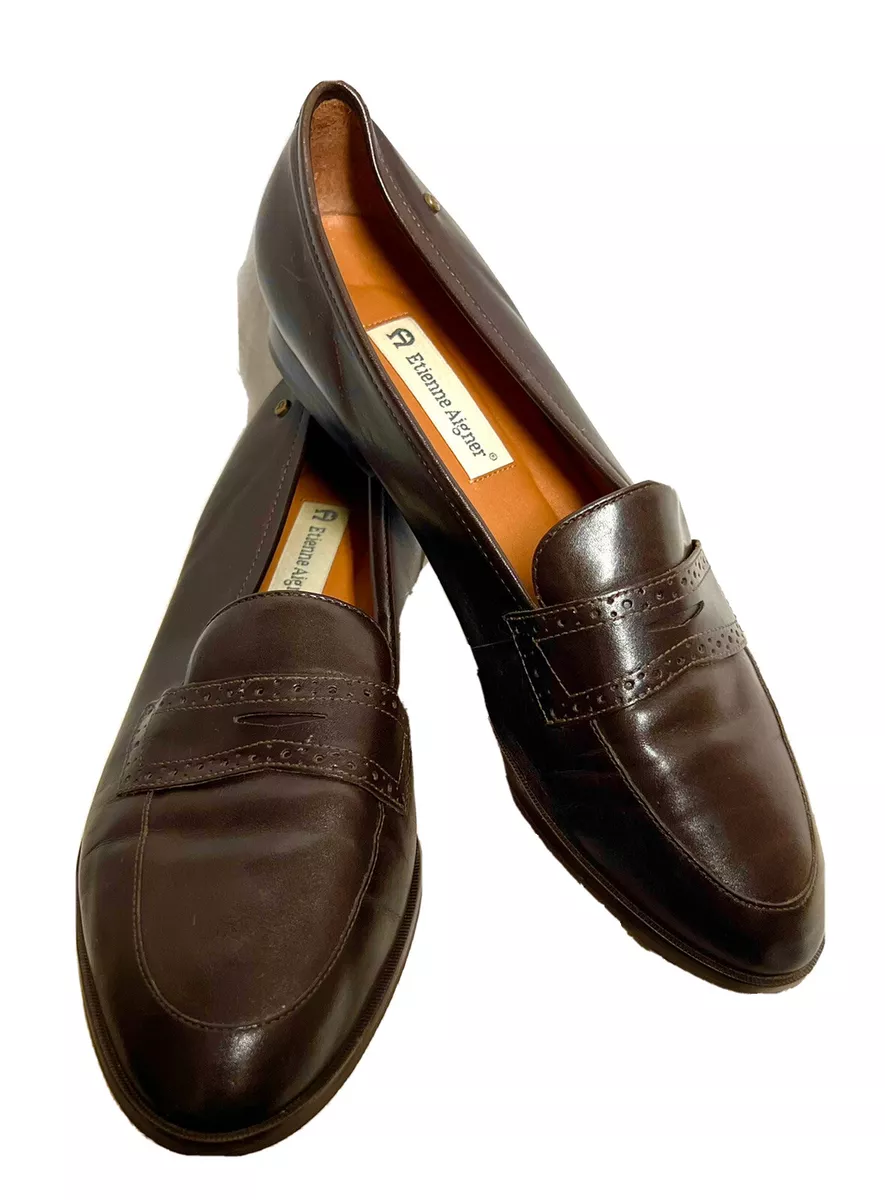 Etienne Aigner Dark Brown Leather Perforated Penny Loafers 11 M eBay