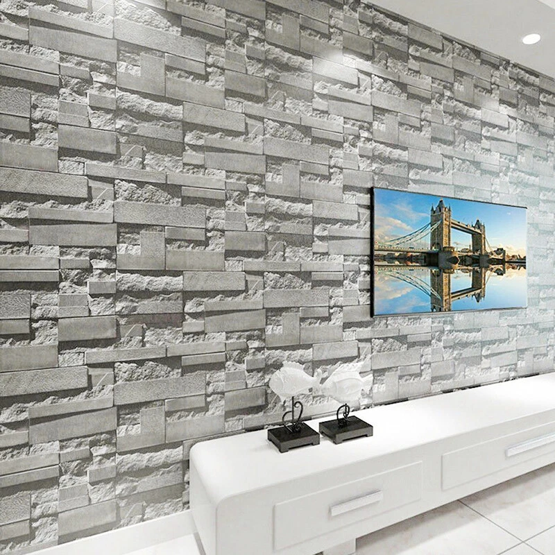 Slate Grey Realistic Stone Brick Wall Effect Textured Wallpaper