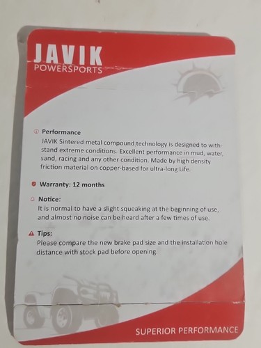 Javik Powersports Sintered Brake Pads BP0001 1 Pack - Picture 7 of 7