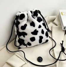 Cow Faux Fur Bucket Bag Shoulder Crossbody Furry Fluffy Mini Purse Drawstring