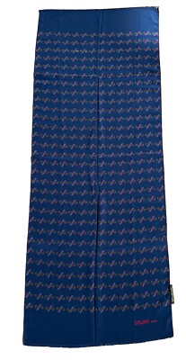 CELINE 1970ER MARINEROT GELB MULTIDRUCK SEIDENLOGO SEHR LANGER SCHAL