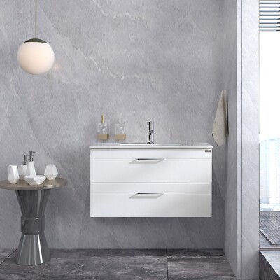 36'' Bathroom Vanity with Sink Floating Cabinet Wall Mounted Glossy White Set