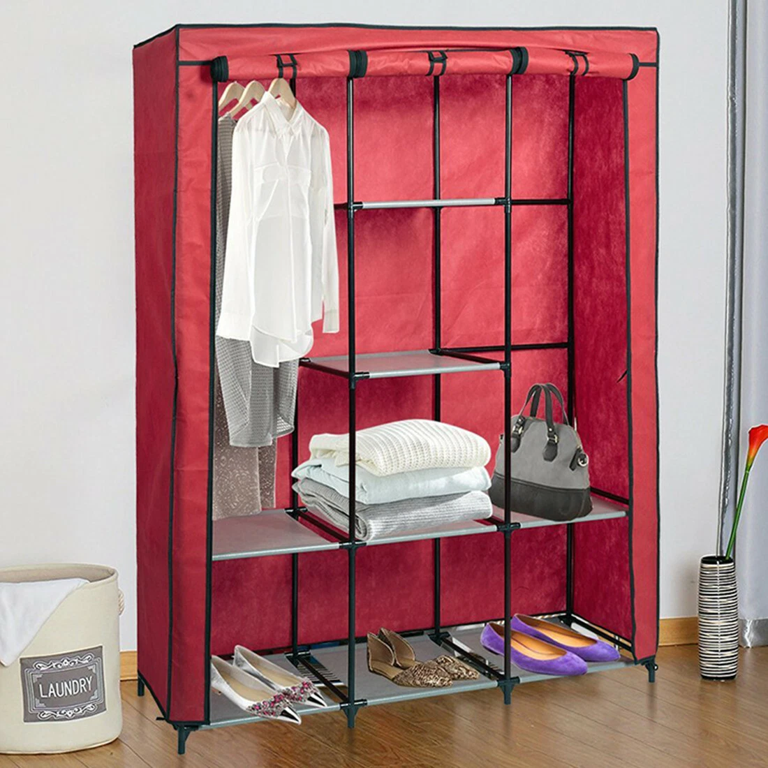 SONGMICS Freestanding Closet Organizer, Portable Wardrobe with Hanging Rods, Clothes Rack