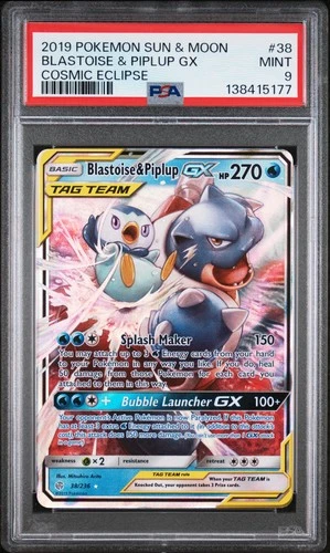 2019 POKEMON SUN & MOON COSMIC ECLIPSE #38 BLASTOISE & PIPLUP GX PSA 9