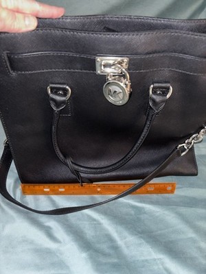 Michael Kors Black Hamilton Saffiano Satchel Bag Silver Hardware Lock Chain