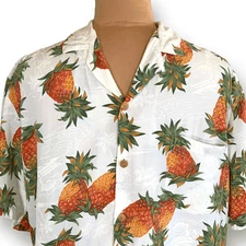 90s Paradise Found Hawaiian Pineapple Print Rayon Boxy Camp Collar Shirt Large 