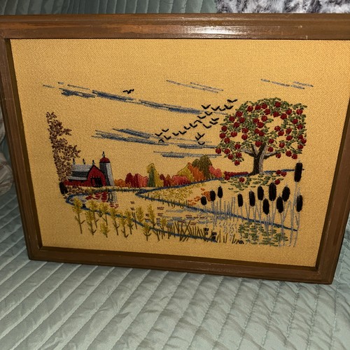 Vintage Hand-Stitched Framed Barn And Apple Tree Wall Art