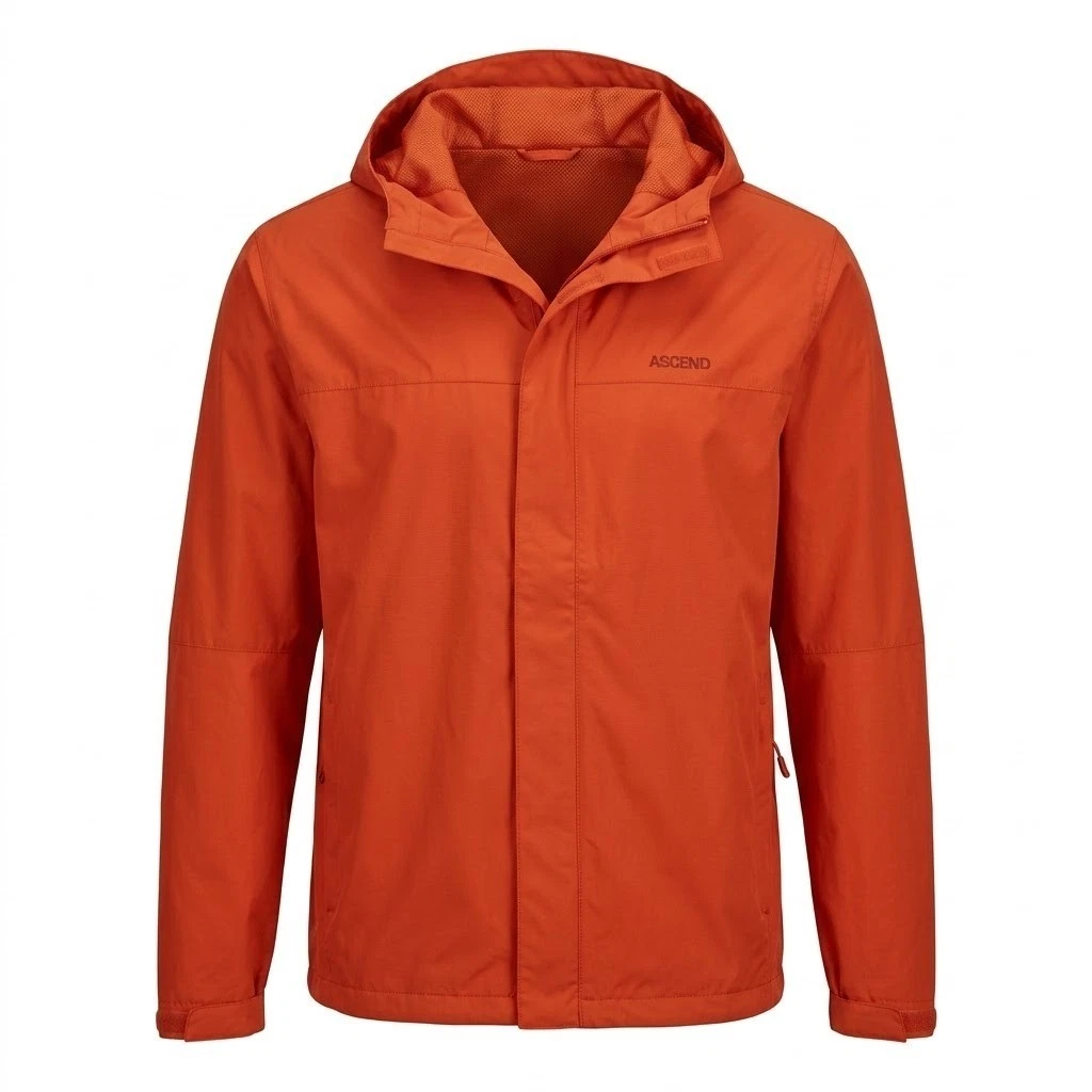 Ascend Mens 3XL Orange Hooded Rain Jacket Full Zip Mesh Lined Outdoor Coat