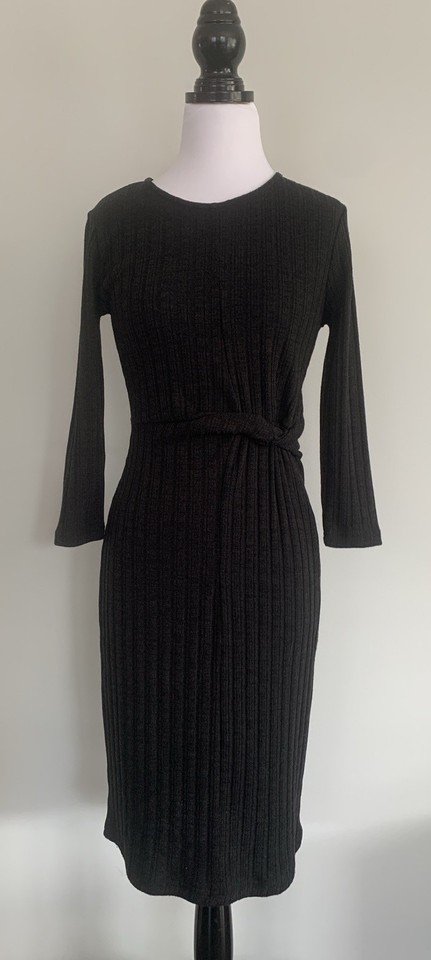 French Connection Rib Knit Charcoal Grey Bodycon Flattering MIDI Dress size S 10