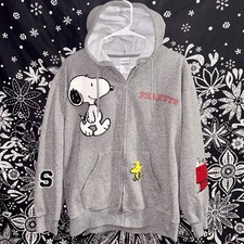 Peanuts Snoopy  Woodstock Gray Full Zip Sweatshirt Hoodie Patch Large EUC